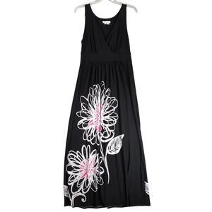 London Times Black Wrap Maxi Dress Sz 10 Sleeveless High Waist Tropical Floral